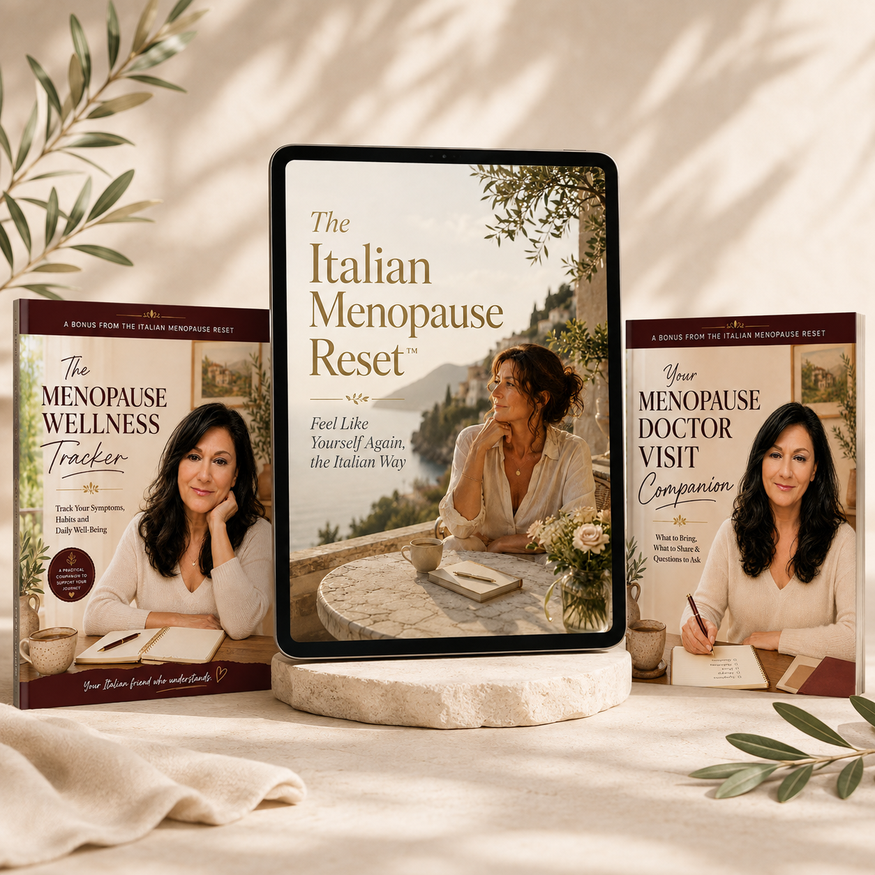 The Italian Menopause Reset guide and two printable bonus workbooks