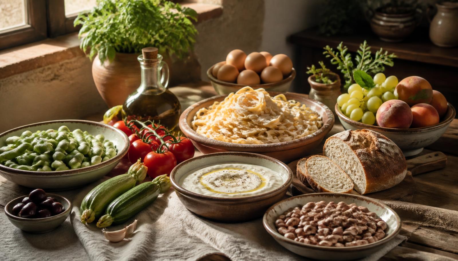 Rustic Italian kitchen table with vegetables, pasta, eggs, beans, bread and olive oil