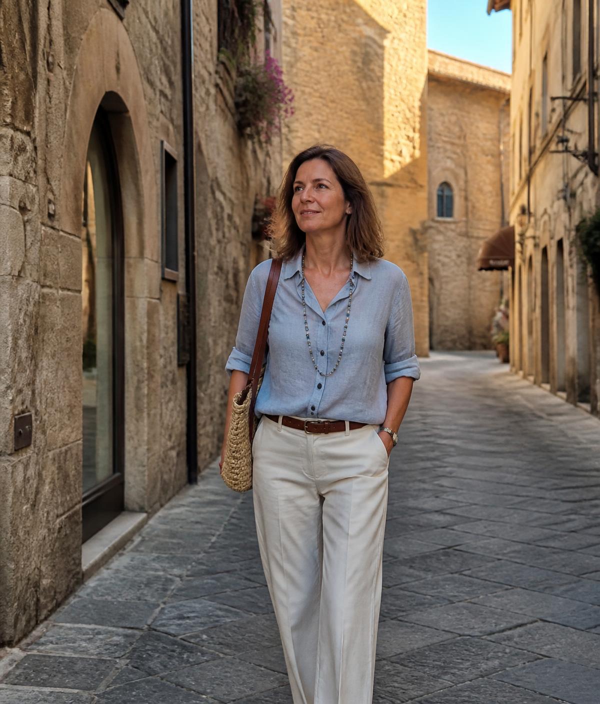 Woman around fifty walking through a quiet Italian town in late-afternoon light